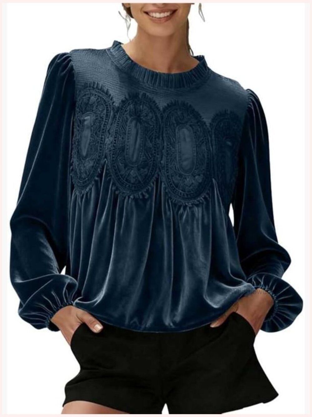 Elegant Velvet Lace Long Sleeve Blouse Flared Swing Top Crew Neck